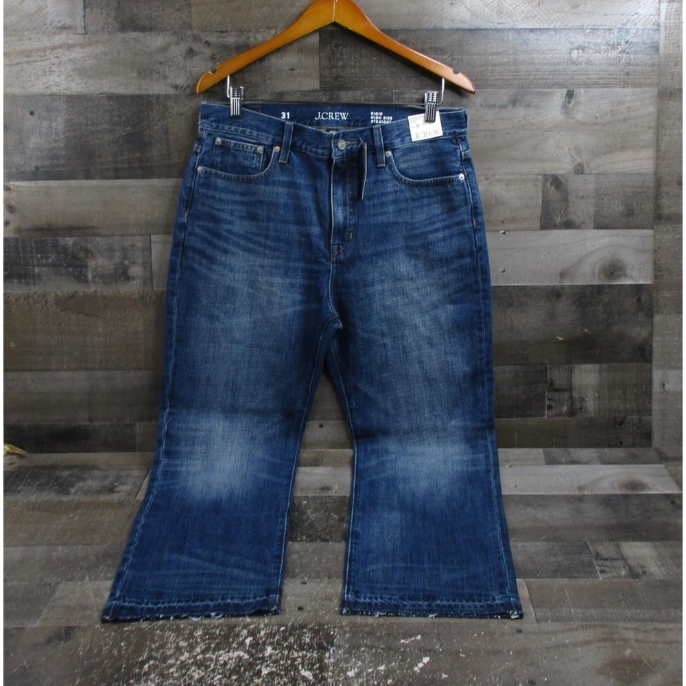 J.Crew Jeans Womens 31 Blue Denim Nipped Straight High Rise Rigid Raw Hem CP778